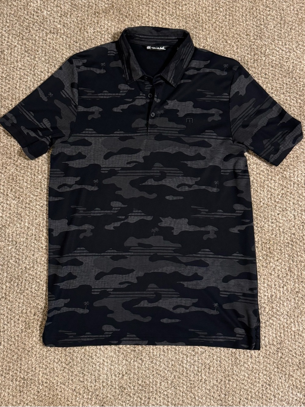 Travis Mathew Men’s Black and Dark Gray Camo Palm Tree Polo